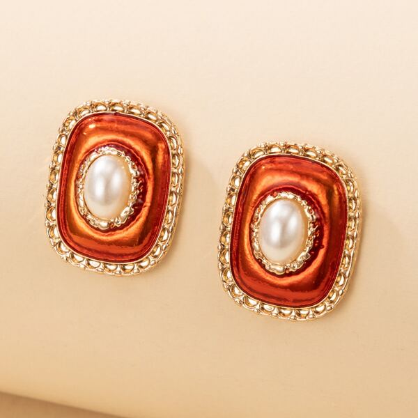 

Faux Pearl Decor Earrings, Red