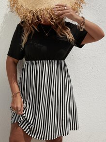 SHEIN LUNE Plus Striped Spliced A-line Dress - Black and White - View 1