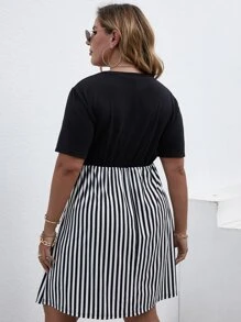 SHEIN LUNE Plus Striped Spliced A-line Dress - Black and White - View 2