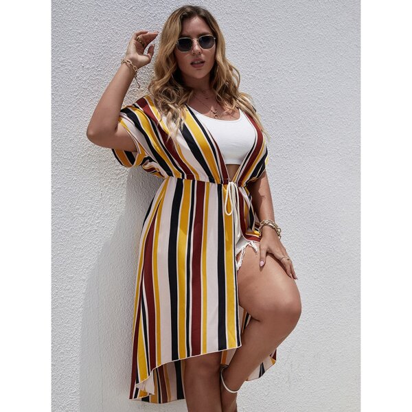 

Plus Striped Print Drawstring Waist Kimono, Multicolor