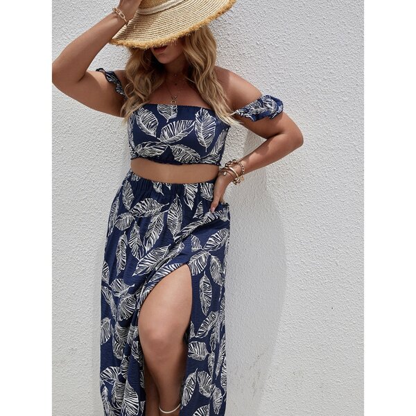 

Plus Tropical Print Off Shoulder Top & Split Thigh Skirt, Multicolor