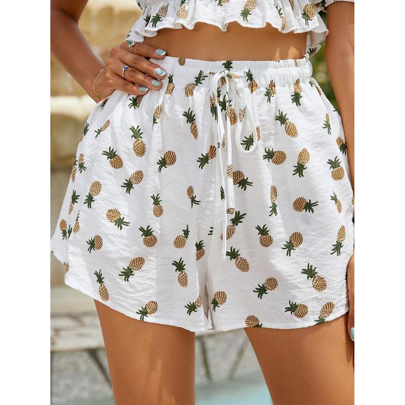 

Allover Pineapple Print Drawstring Waist Shorts, White