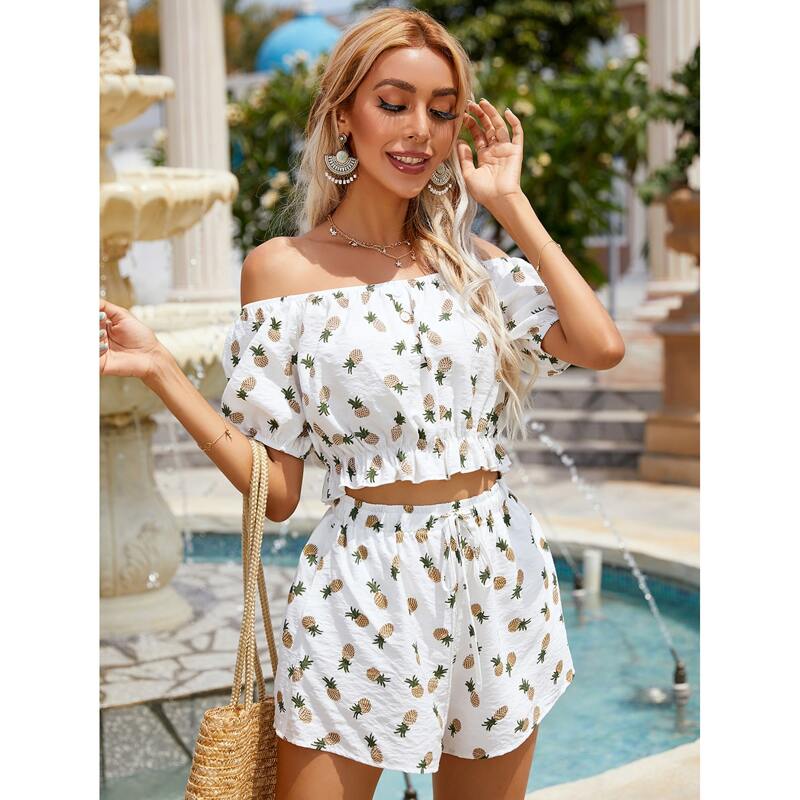 

Allover Pineapple Print Bardot Blouse, White