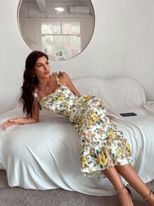 滿版印花荷葉邊下擺吊帶連衣裙 - 彩色 - 查看 4