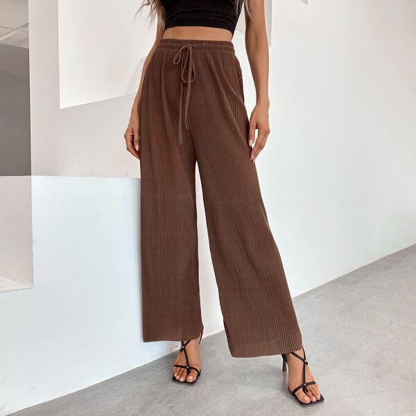 

Solid Wide Leg Knotted Pants, Coffee brown