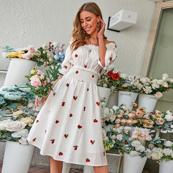 

Off-shoulder Cherry Embroidery Shirred A-line Dress, White