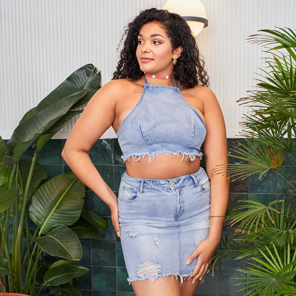 

Plus Raw Hem Tie Back Denim Top & Skirt Set, Light wash
