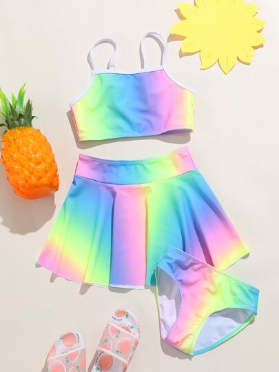 طقم بكيني مُغرَّد 3 قطع مع تنورة للفتيات المراهقات، للصيف والشاطئ