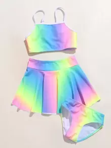 Tween Girl 3 件装渐变色比基尼套装（带裙子）夏季海滩 - 彩色 - 查看 3