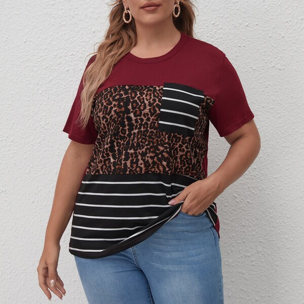 

Plus Cut And Sew Cheetah And Stripe Print Tee, Multicolor