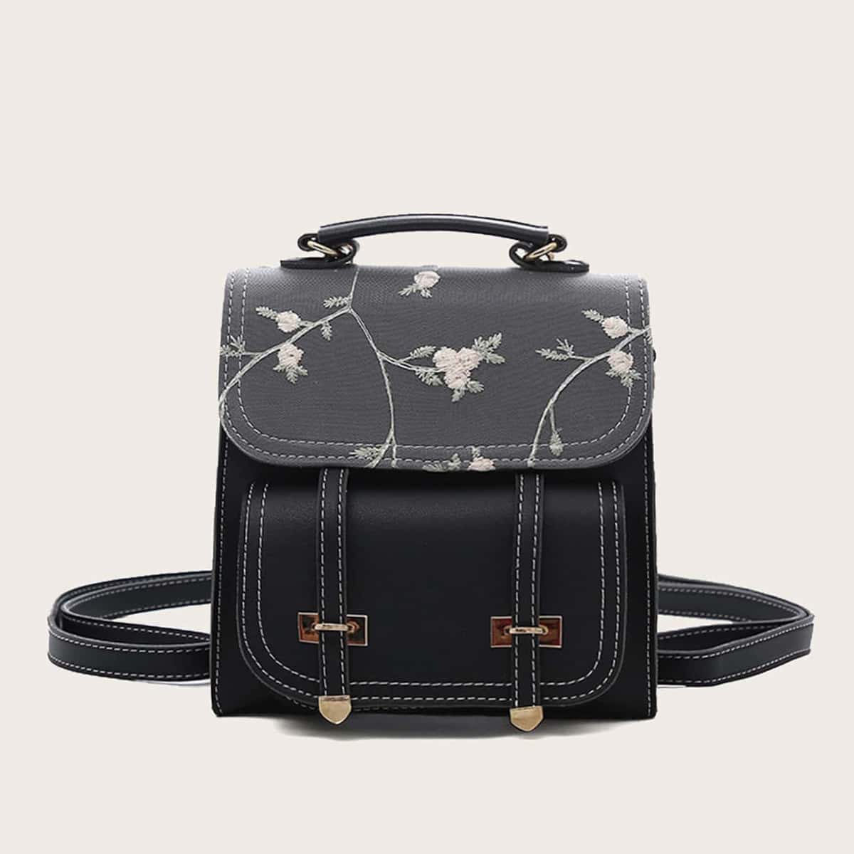 

Floral Embroidered Flap Backpack, Black