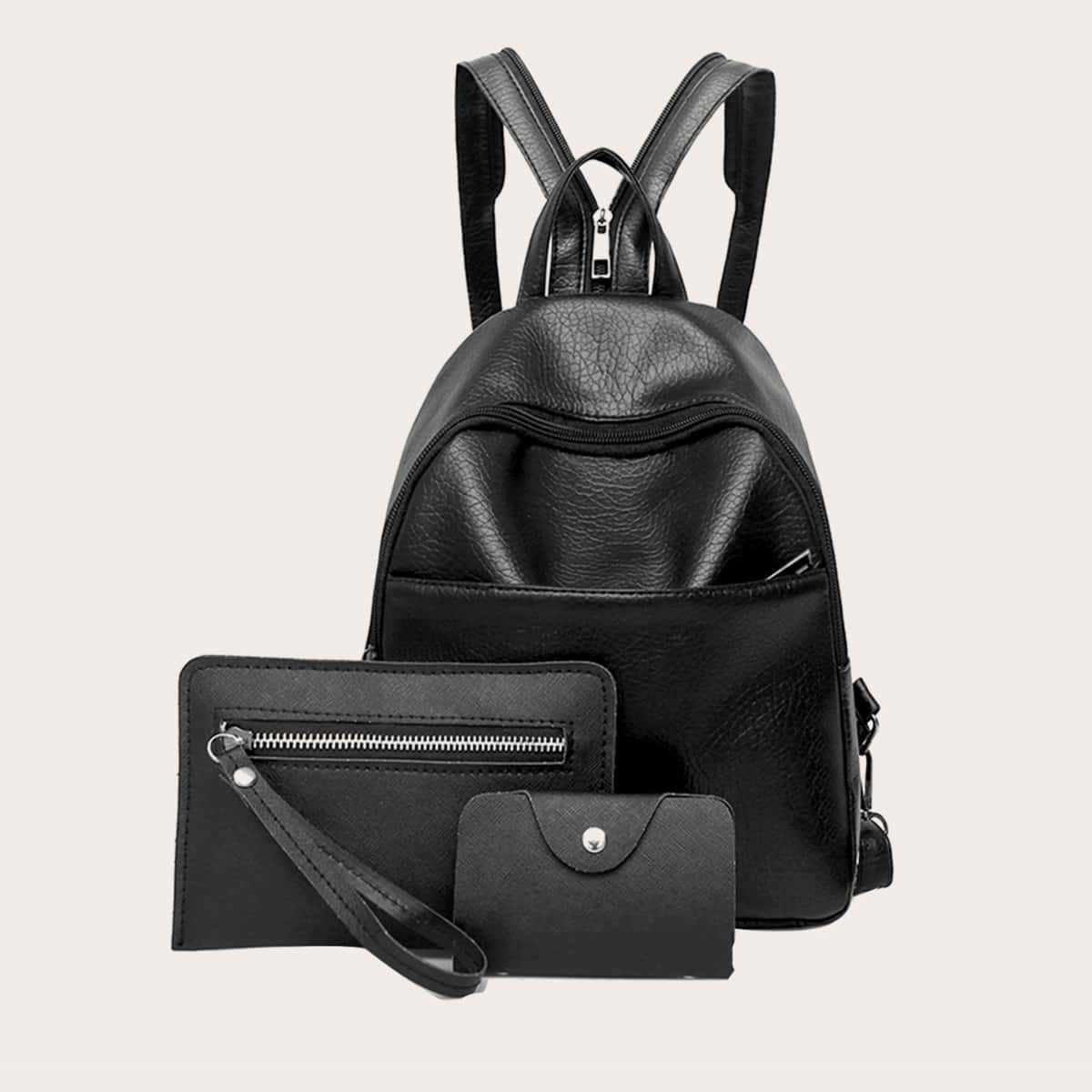 

Faux Leather Backpack Set 3pcs, Black