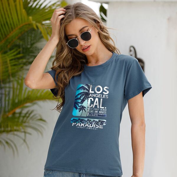 

Tropical & Letter Graphic Tee, Dusty blue