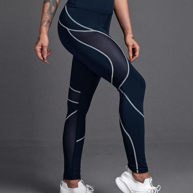 

Mesh Panel Topstitching Sports Leggings, Navy blue