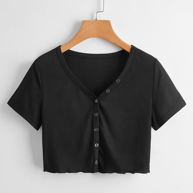 

Solid Button Front Ribbed Tee, Black