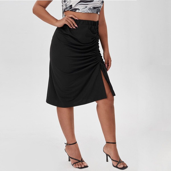 

Plus Solid Ruched Split Skirt, Black