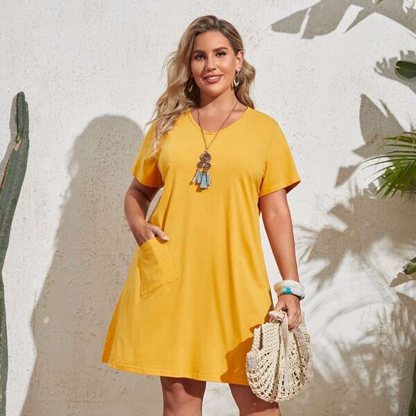 

Plus Solid Pocket Tee Dress, Yellow