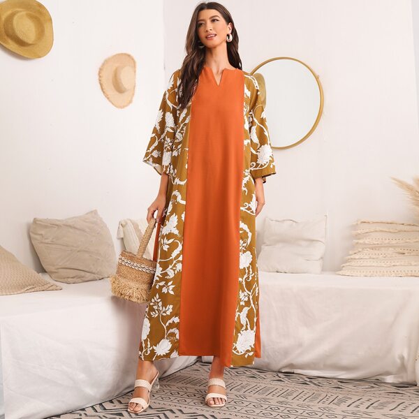 

Notch Neck Floral Print Colorblock Kaftan, Multicolor