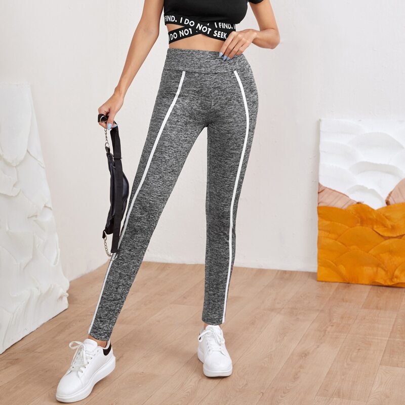 

Wide Waistband Contrast Binding Leggings, Grey