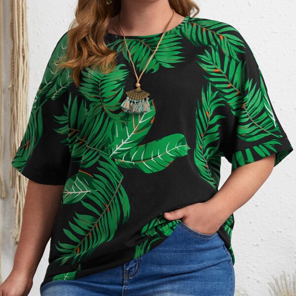

Plus Leaf Print Batwing Sleeve Blouse, Multicolor