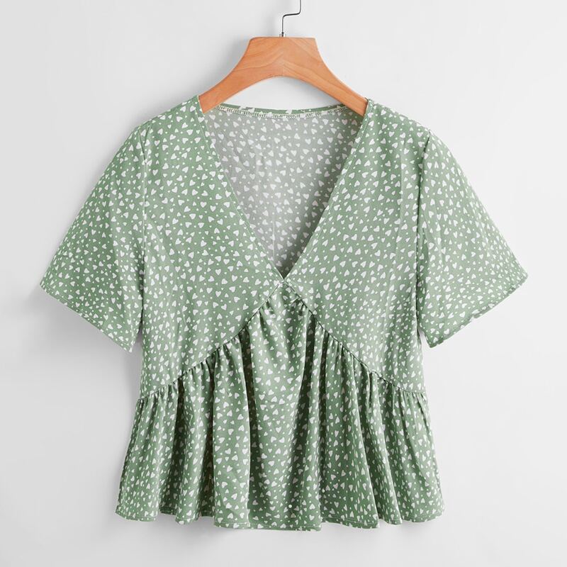 

Heart Print Peplum Blouse, Mint green