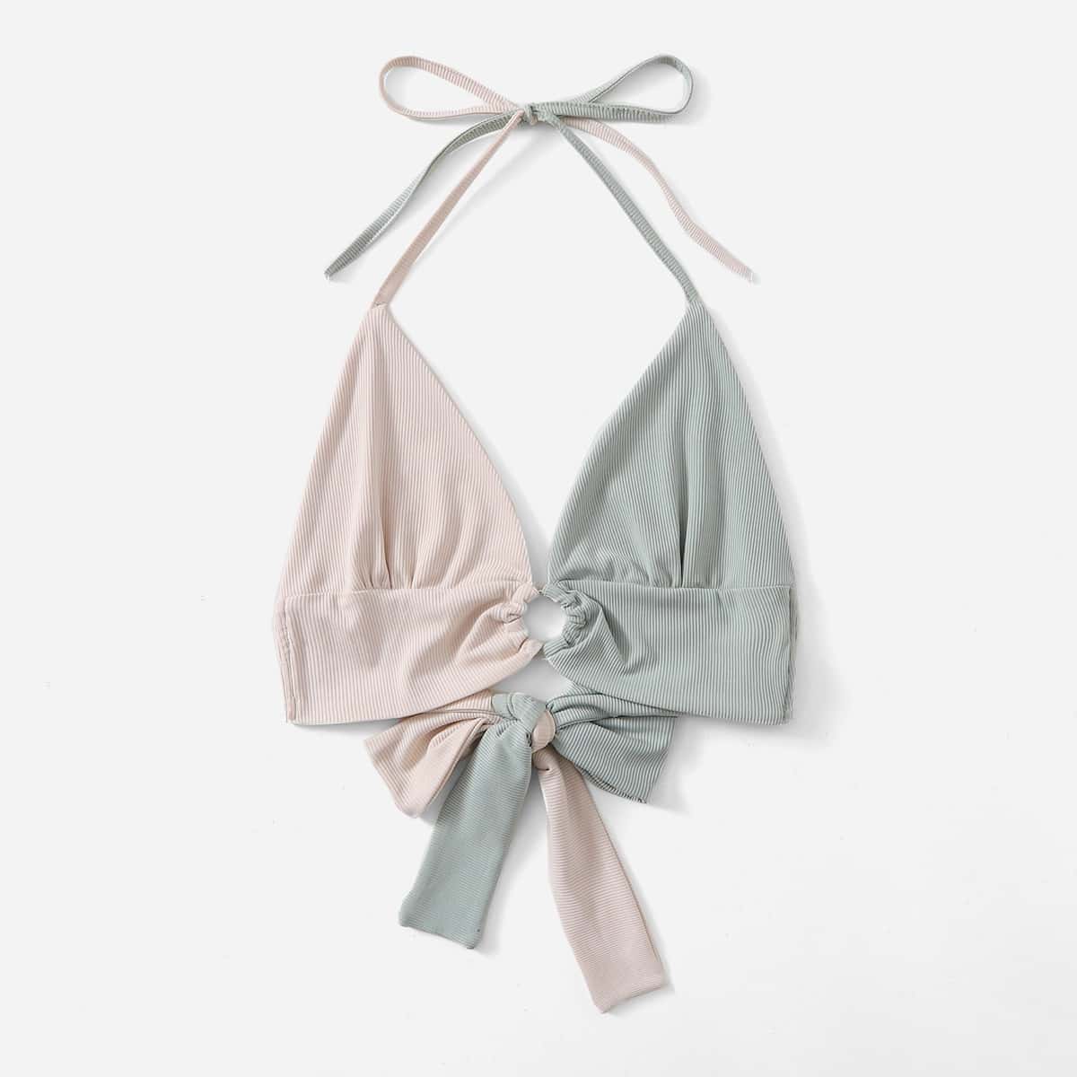 

Two Tone Ring Decor Bow Back Halter Top, Multicolor