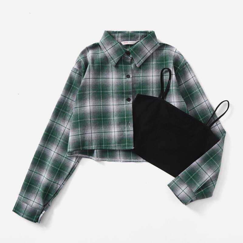 

Solid Crop Cami & Plaid Button Front Blouse, Multicolor