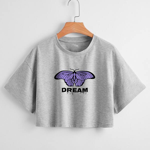 

Letter & Butterfly Crop Tee, Grey