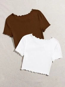SHEIN Qutie 2 Packs Lettuce Trim Tee - Multicolor - View 2