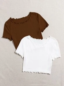 SHEIN Qutie 2 Packs Lettuce Trim Tee - Multicolor - View 4