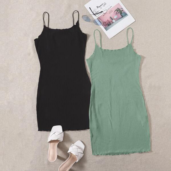 

2 Pack Lettuce Trim Rib-knit Slip Dress, Multicolor
