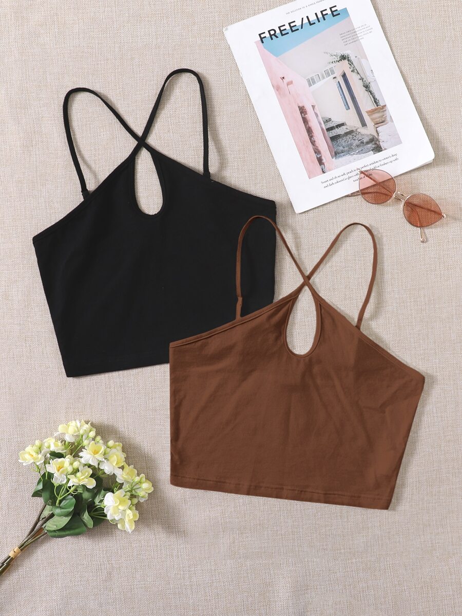 SHEIN EZwear 2 Gói Áo Halter Cổ Lỗ Khóa - Nhiều màu - Xem 1