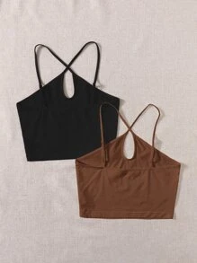 SHEIN EZwear 2 Packs Keyhole Neck Halter Top - Multicolor - View 2