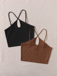 SHEIN EZwear 2 Packs Keyhole Neck Halter Top - Multicolor - View 4