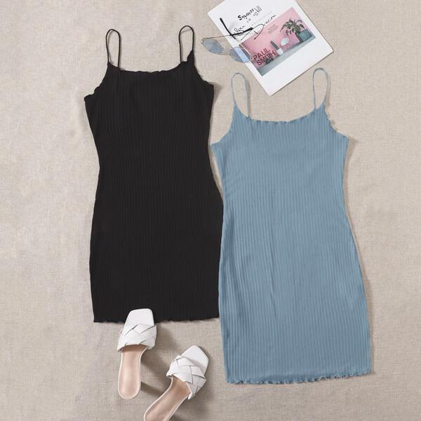 

2 Pack Lettuce Trim Rib-knit Slip Dress, Multicolor