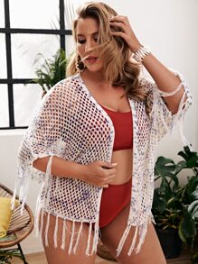 Plus Pointelle Fringe Trim Kimono - Multicolor - View 1