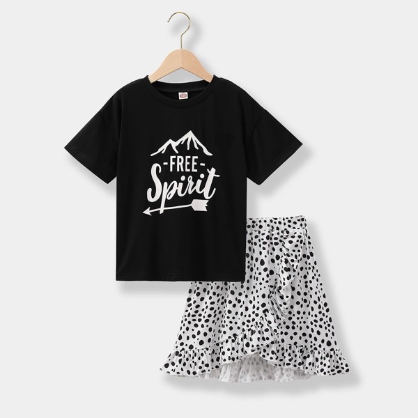 

Girls Letter Graphic 1 Tee With Ruffle Wrap 1 Skirt, Black and white