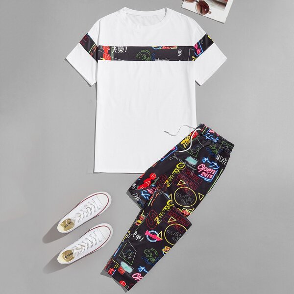 

Men Letter Graphic Tee & Drawstring Sweatpants, Multicolor