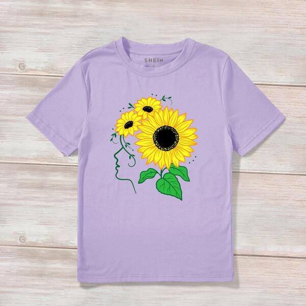

Sunflower Print Crew Neck Tee, Lilac purple
