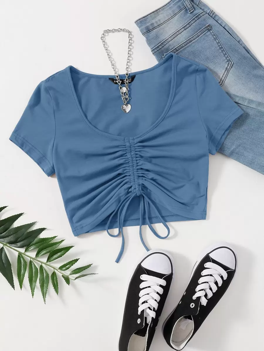 Muchica Solid Drawstring Ruched Tee - Dusty Blue - View 1