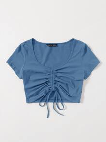Muchica Solid Drawstring Ruched Tee - Dusty Blue - View 3