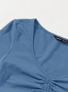 Muchica Solid Drawstring Ruched Tee - Dusty Blue - View 4