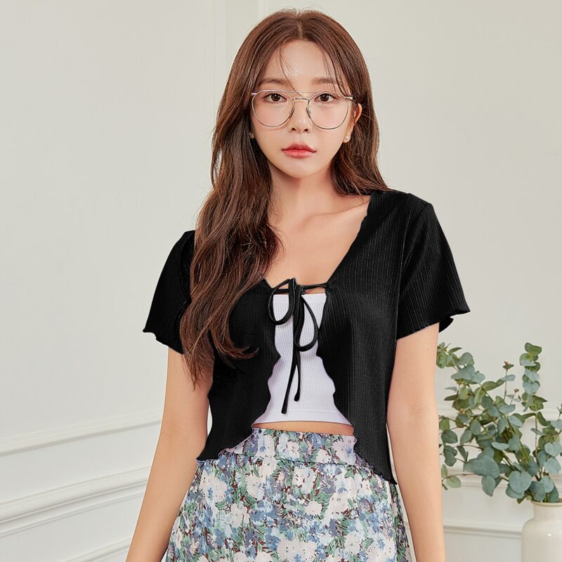 

Rib-Knit Tie Front Top, Black