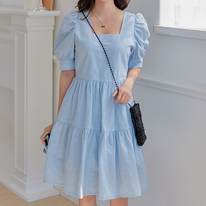 

Solid Square Neck Ruffle Hem Dress, Baby blue
