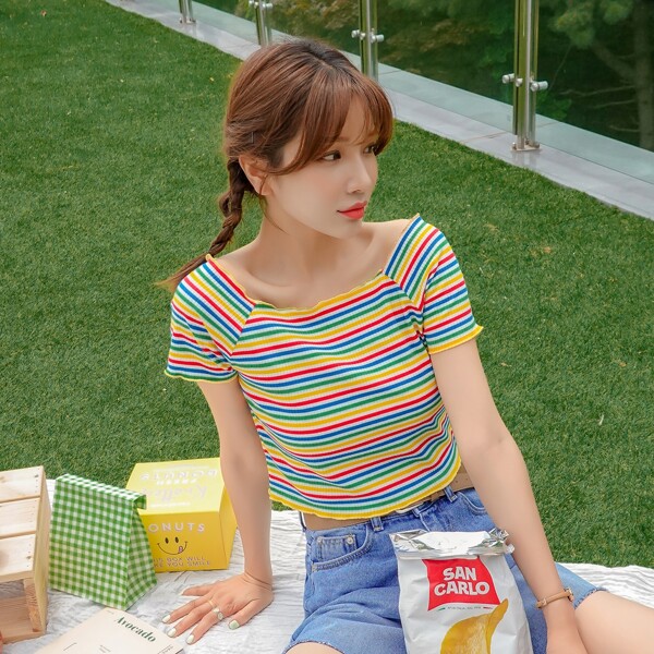 

Striped Lettuce Trim Crop Tee, Multicolor