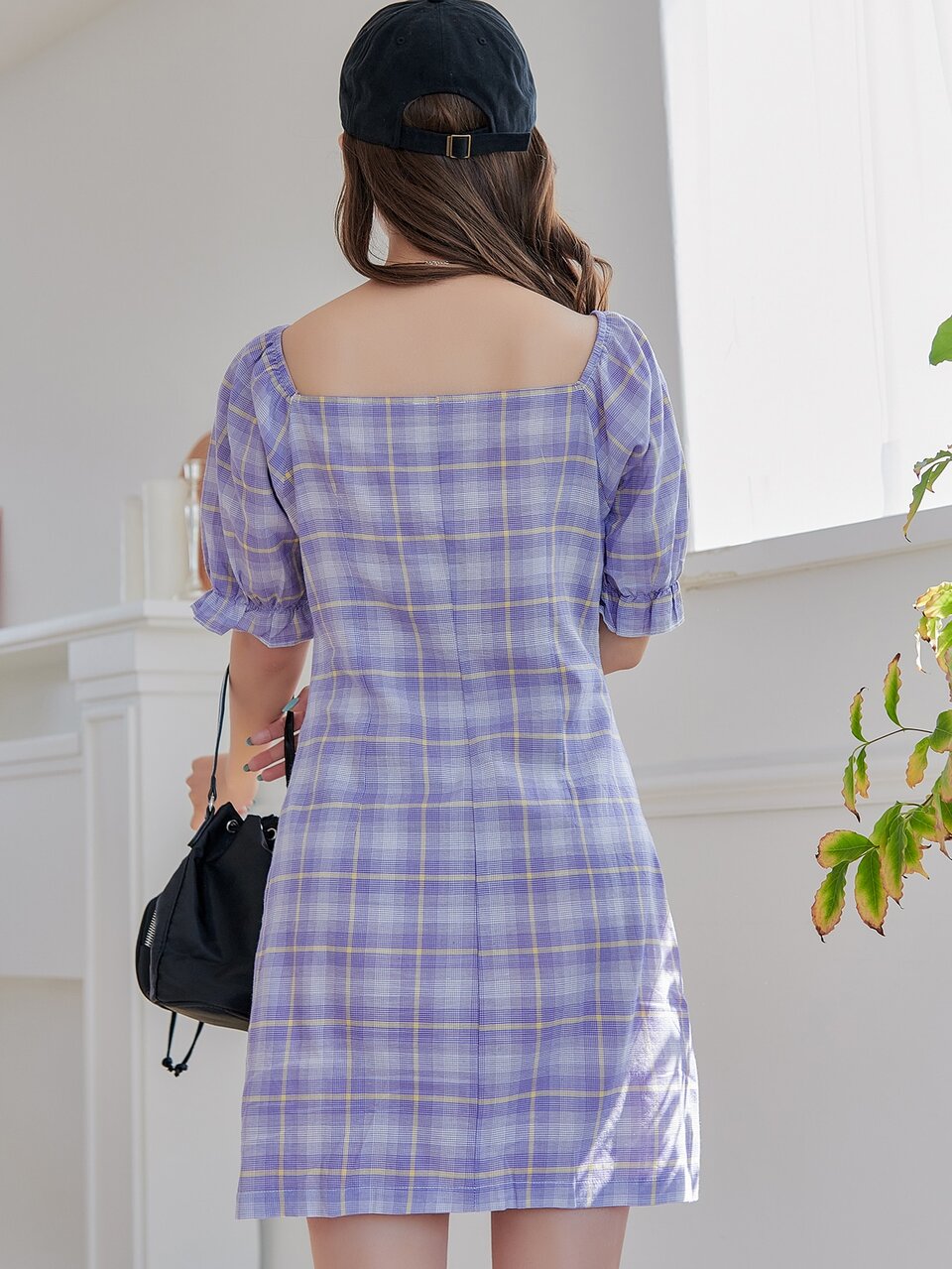 Button Through Lettuce Trim Plaid Milkmaid Dress