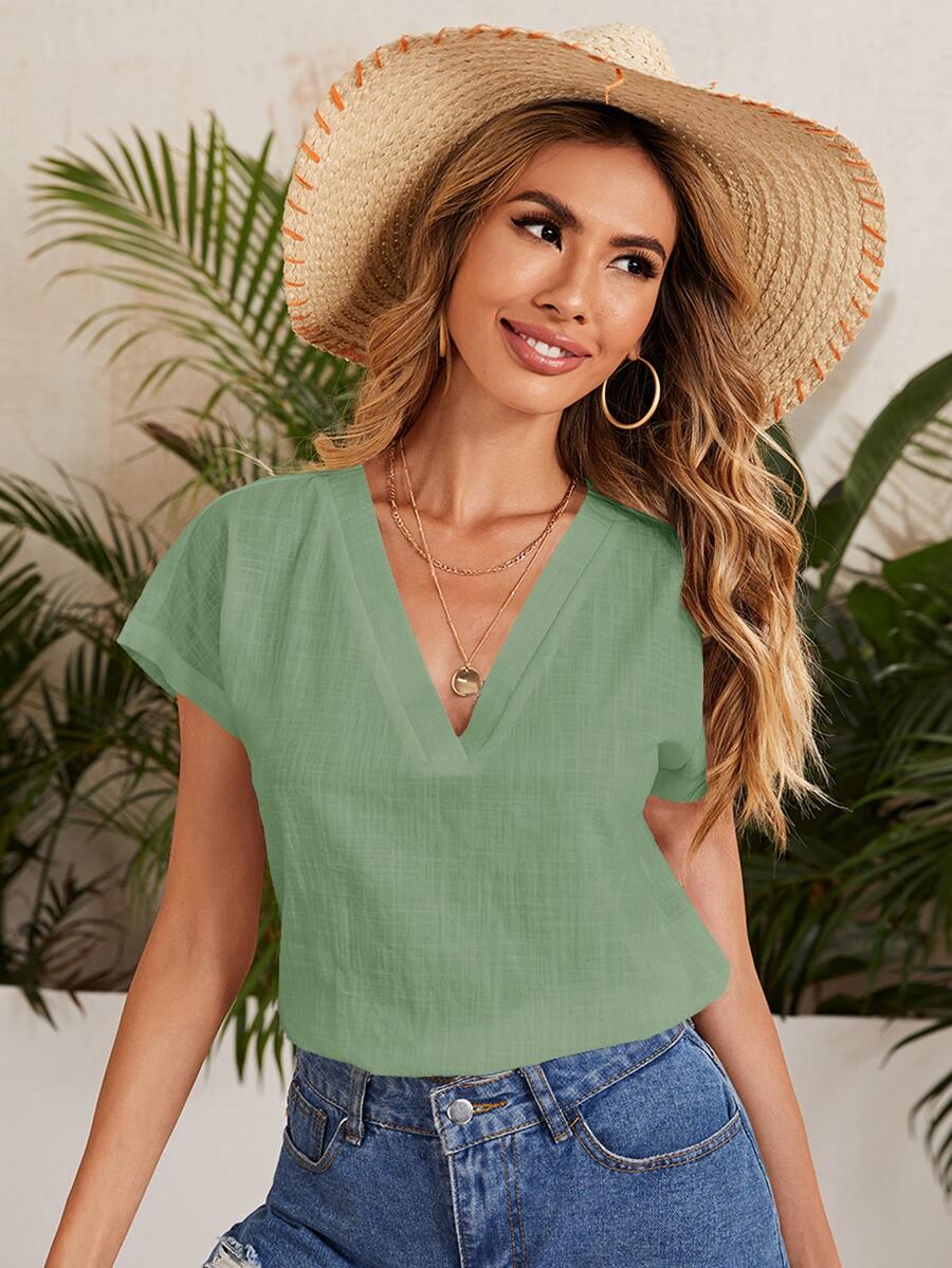 SHEIN LUNE Batwing Sleeve Solid Top - Green - View 1