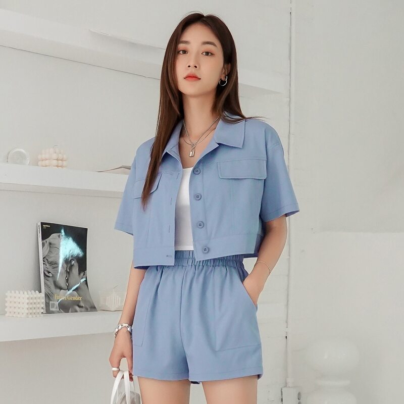 

Solid Button Front Crop Coat With Shorts, Blue
