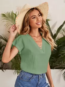 SHEIN LUNE Batwing Sleeve Solid Top - Green - View 3