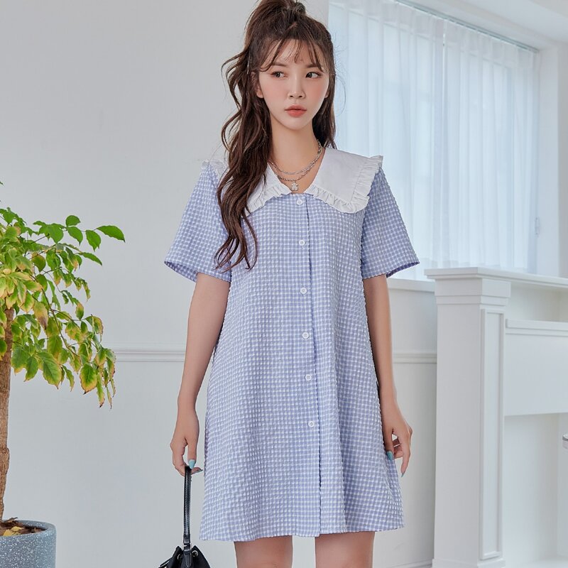

Gingham Statement Collar Dress, Baby blue